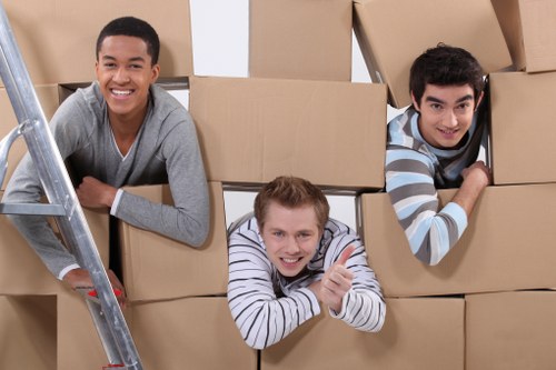 Local moving team handling boxes in an Ilford flat